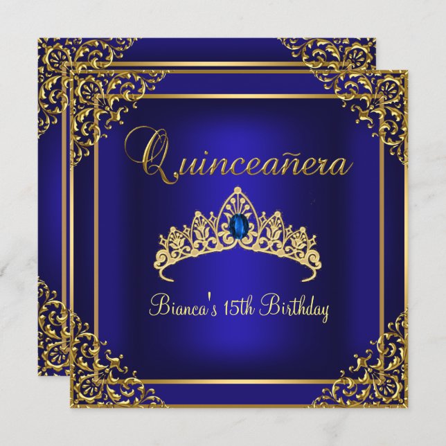 Gold & Blue Gem Tiara Quinceanera Invitation (Front/Back)