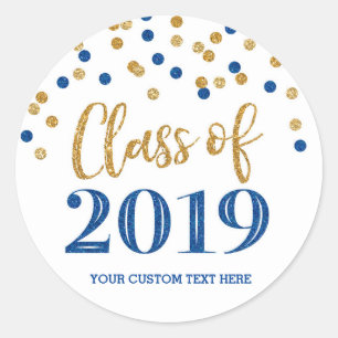 Gold Blue Glitter Confetti Graduation 2019 Classic Round Sticker