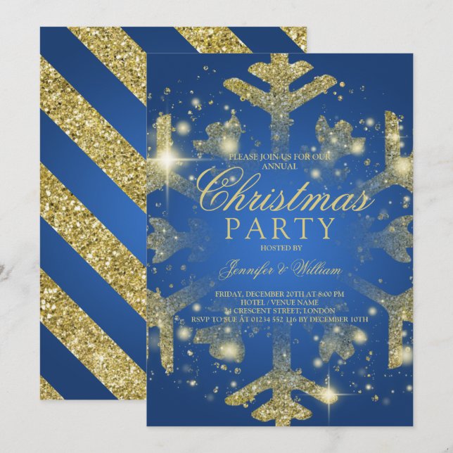 Gold & Blue Glitter Snowflake Xmas Holiday Party Invitation (Front/Back)