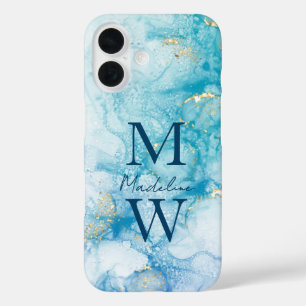 Gold Blue Glitter Watercolor Personalise iPhone 16 Case
