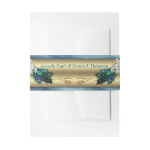 GOLD Blue-green Peacocks on Emerald Green Silk Invitation Belly Band