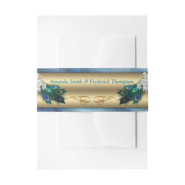 GOLD Blue-green Peacocks on Emerald Green Silk Invitation Belly Band (Front Example)