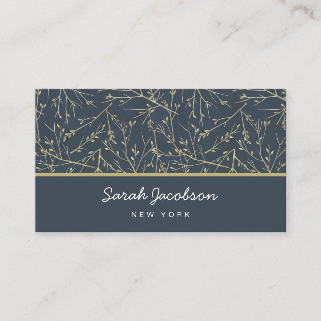 Gold Blue Grey Twigs Abstract Business Card (Front)