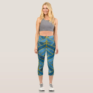 Gold Blue Grunge Pattern Capri Leggings