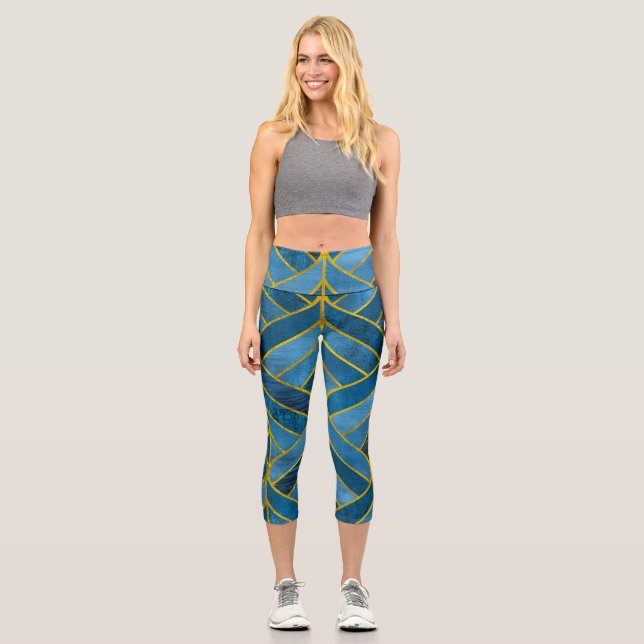 Gold Blue Grunge Pattern Capri Leggings (Front)