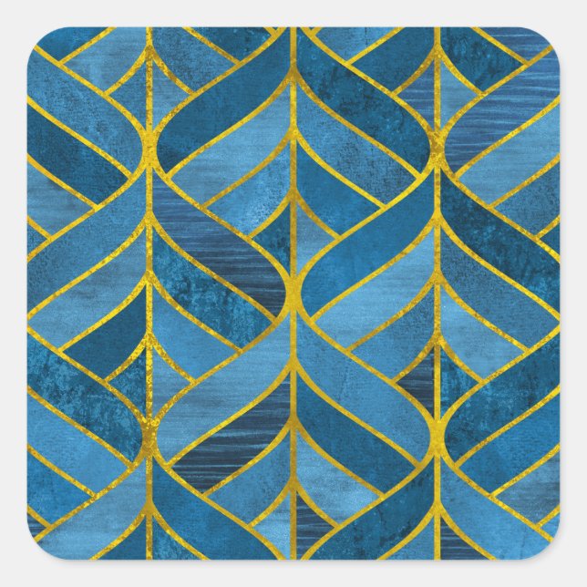 Gold Blue Grunge Pattern Square Sticker (Front)