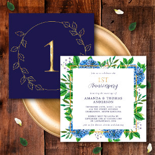 Gold Blue Hydrangea 1st Wedding Anniversary Invitation
