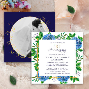 Gold Blue Hydrangea 1st Wedding Photo Anniversary Invitation