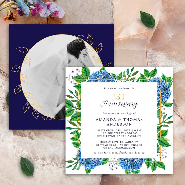 Gold Blue Hydrangea 1st Wedding Photo Anniversary Invitation (Creator Uploaded)