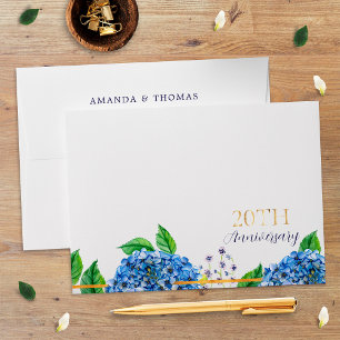 Gold Blue Hydrangea 20th Wedding Anniversary Envelope