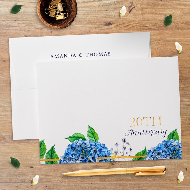 Gold Blue Hydrangea 20th Wedding Anniversary Envelope (Creator Uploaded)