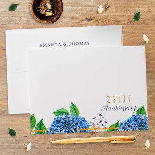 Gold Blue Hydrangea 25th Wedding Anniversary Envelope