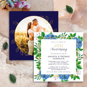 Gold Blue Hydrangea 25th Wedding Photo Anniversary Invitation