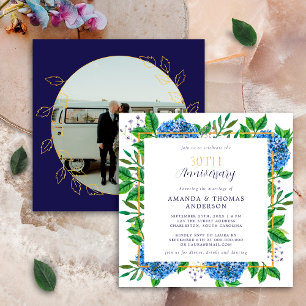 Gold Blue Hydrangea 30th Wedding Photo Anniversary Invitation