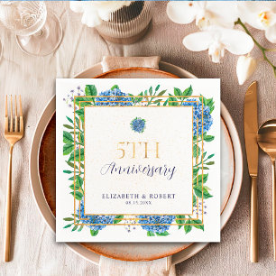 Gold Blue Hydrangea 5th Wedding Anniversary Napkin