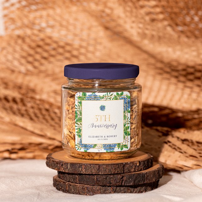 Gold Blue Hydrangea 5th Wedding Anniversary Party Square Sticker (Creator Uploaded)