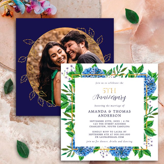 Gold Blue Hydrangea 5th Wedding Photo Anniversary Invitation (Creator Uploaded)