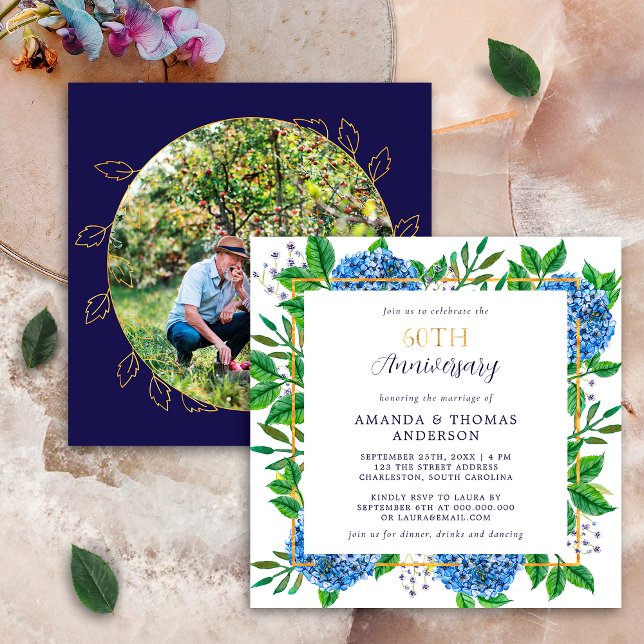 Gold Blue Hydrangea 60th Wedding Photo Anniversary Invitation (Creator Uploaded)