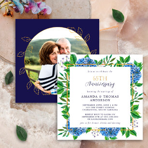 Gold Blue Hydrangea 65th Wedding Photo Anniversary Invitation