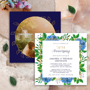 Gold Blue Hydrangea 70th Wedding Photo Anniversary Invitation