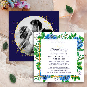 Gold Blue Hydrangea 75th Wedding Photo Anniversary Invitation