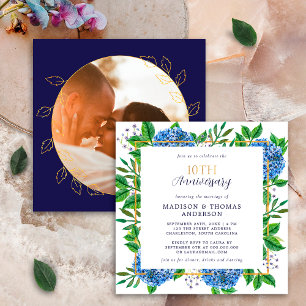Gold Blue Hydrangea Photo 10th Wedding Anniversary Invitation