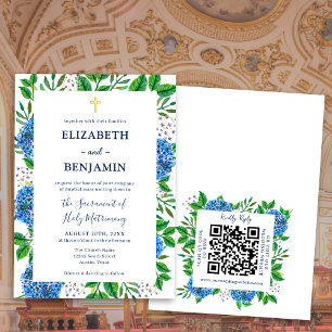 Gold Blue Hydrangeas QR Code Catholic Wedding Invitation