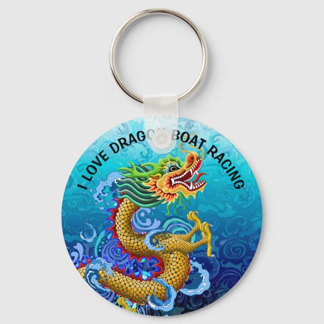 Gold & Blue I Love Dragon Boat Racing Key Ring (Front)