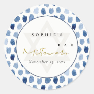 GOLD BLUE INDIGO WATERCOLOR DOTS BAR BAT MITZVAH CLASSIC ROUND STICKER