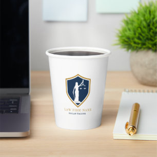 Gold Blue Lady Justice Logo Custom text Paper Cups