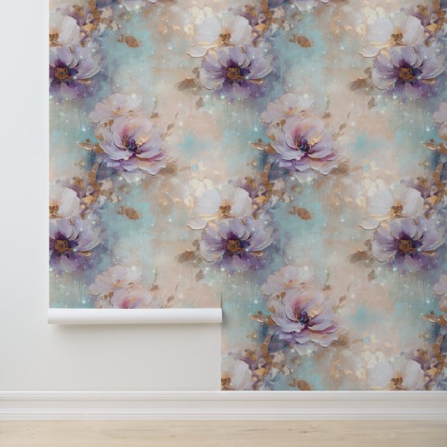 Gold Blue Lavender Purple Floral Wallpaper (Application)