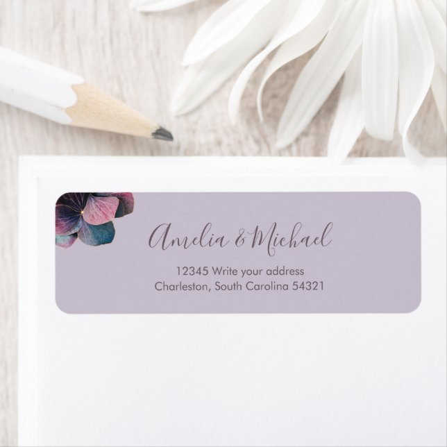 Gold Blue Lavender Purple Hydrangea Return Wedding Address Label (Insitu)