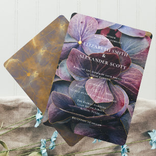Gold Blue Lavender Purple Hydrangeas Photo Wedding Invitation