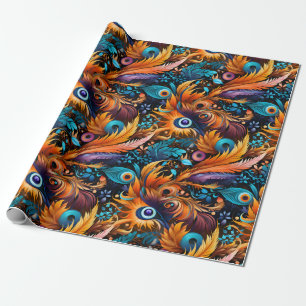Gold Blue Leaves & Feathers Wrapping Paper