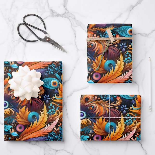 Gold Blue Leaves & Feathers Wrapping Paper Sheet (Front)