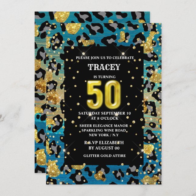 Gold blue leopard print jungle glitter 50th  invitation (Front/Back)