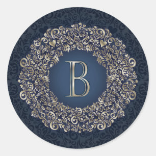 Gold Blue Letter B Fancy Damask Monogram  Classic Round Sticker