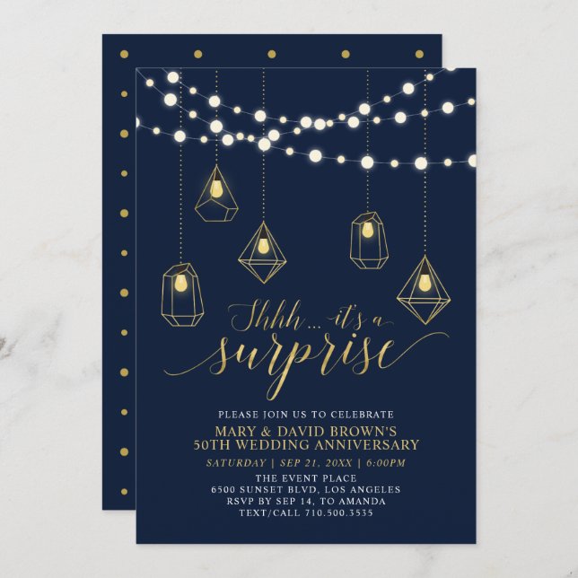 Gold & Blue Lights Surprise Wedding Anniversary Invitation (Front/Back)