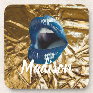 Gold Blue Lips Makeup Beauty Custom Personalised B Coaster