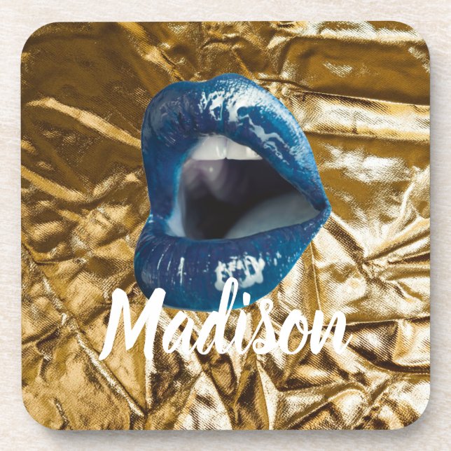 Gold Blue Lips Makeup Beauty Custom Personalised B Coaster (Front)
