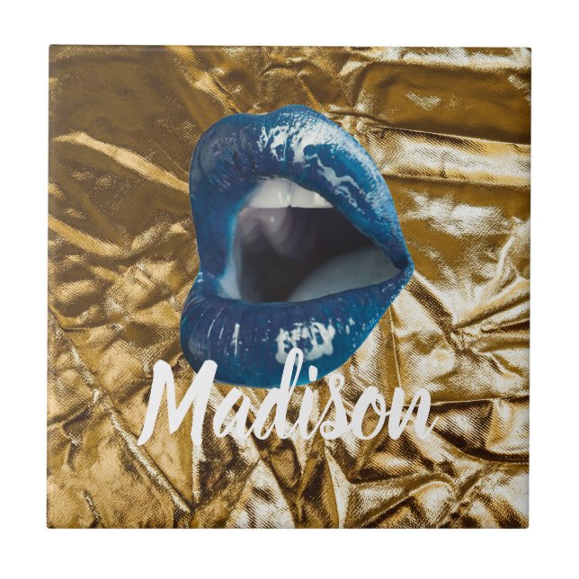 Gold Blue Lips Makeup Beauty Custom Personalised C Ceramic Tile (Front)