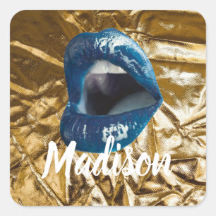 Gold Blue Lips Makeup Beauty Custom Personalised S Square Sticker