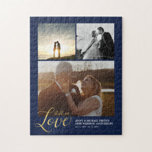 Gold & Blue Love Couple Anniversary Photo Collage Jigsaw Puzzle