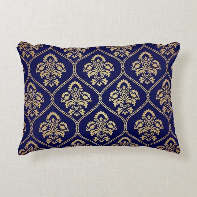 Gold & Blue: Luxury Damask Decorative Cushion (Front)