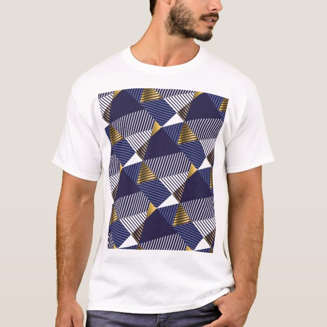 Gold Blue Luxury: Geometric Seamless Pattern T-Shirt (Front)