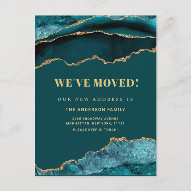 Gold Blue Marble New Address Moving Announcement Postcard (Front)