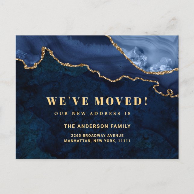 Gold Blue Marble New Address Moving Announcement Postcard (Front)