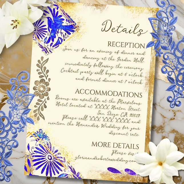 Gold Blue Mexican Baroque Hummingbird Wedding Encl Enclosure Card (Elegant Baroque details with cobalt and gold accents bring this Mexican-inspired card to life.)