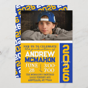Gold & Blue Modern Graduation Photo Invitation
