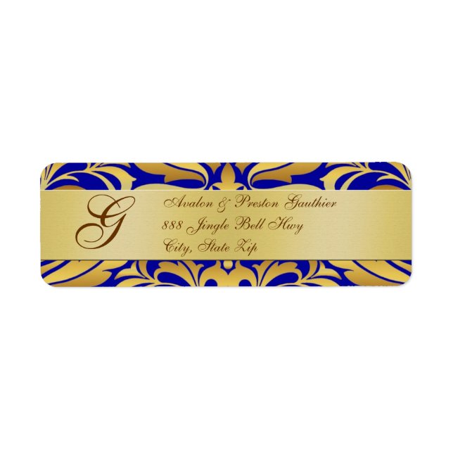 Gold & Blue Monogram Christmas Address Labels (Front)